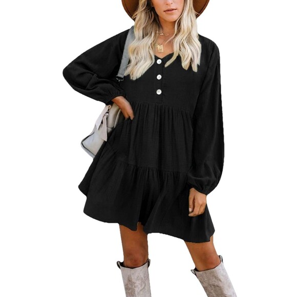 TEMOFON Women Tunic Black Gauze Long Sleeve Dress Tiered Sz M-L Boho Flowy *READ - Picture 1 of 11